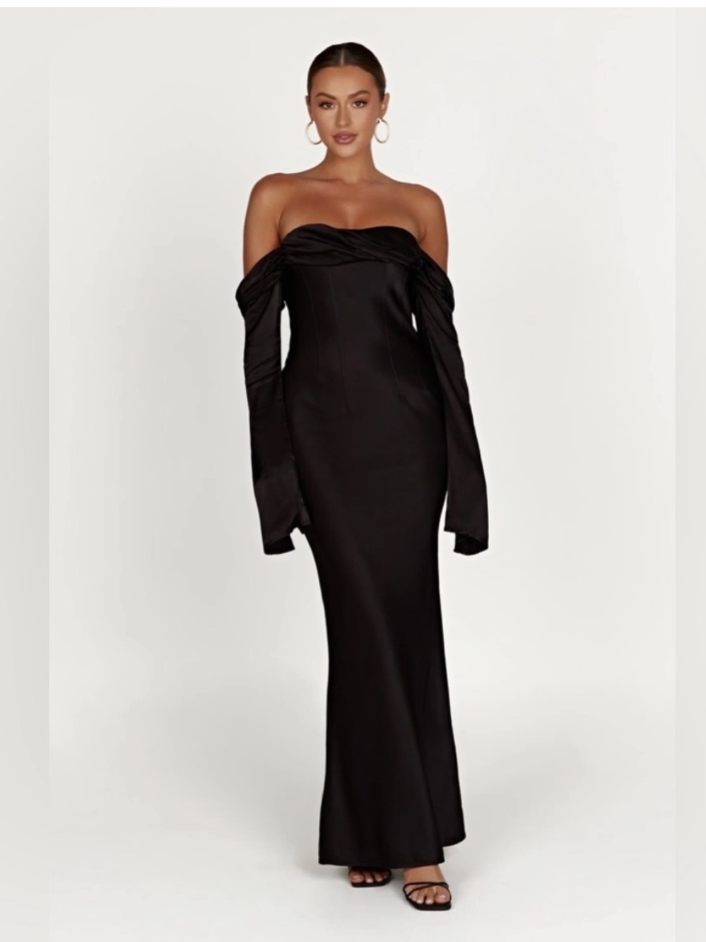 Meshki Black Off-Shoulder Satin Gown